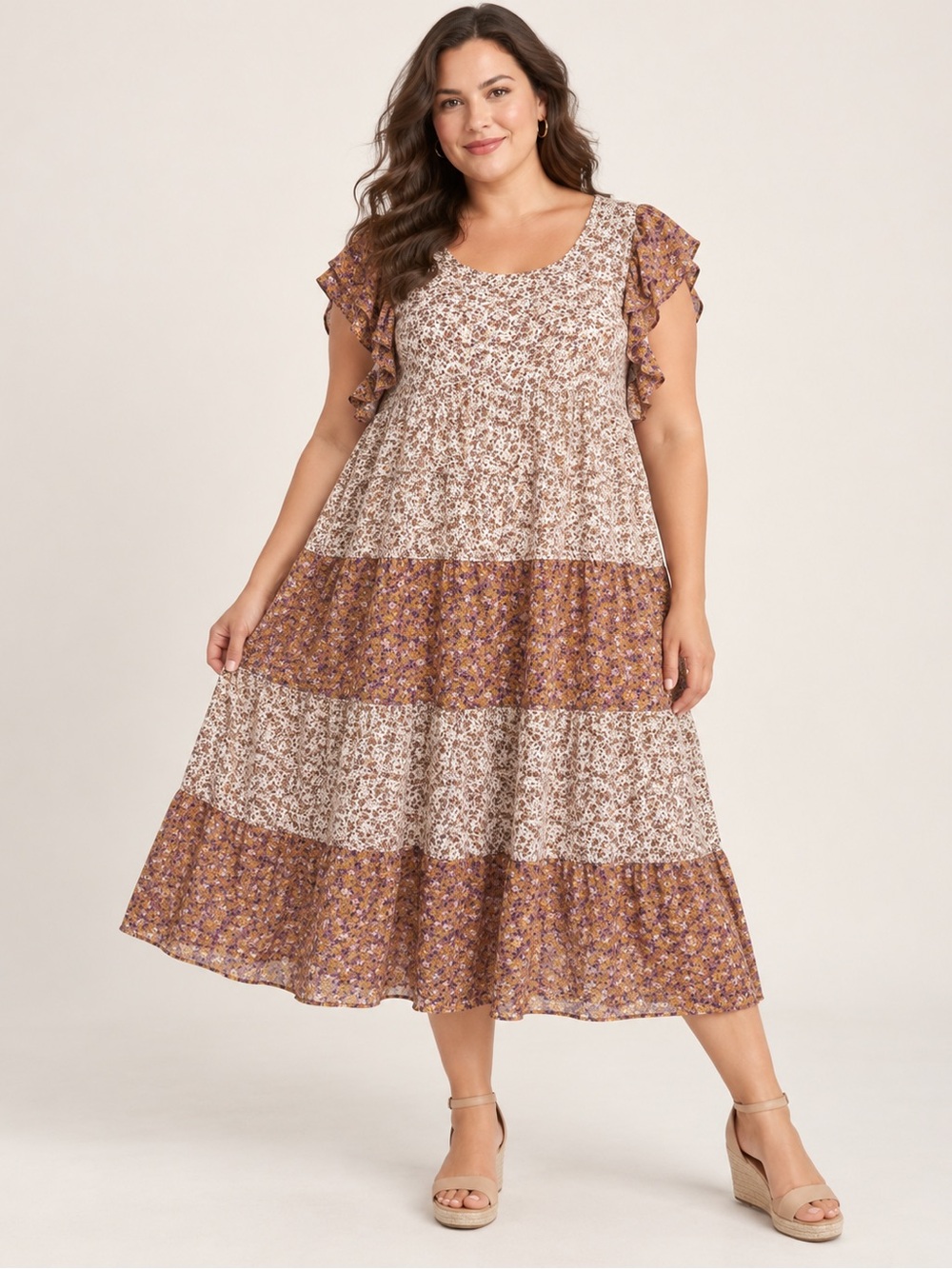 English Factory Brown and Cream Floral Tiered Midi Dress Women’s Size 1X